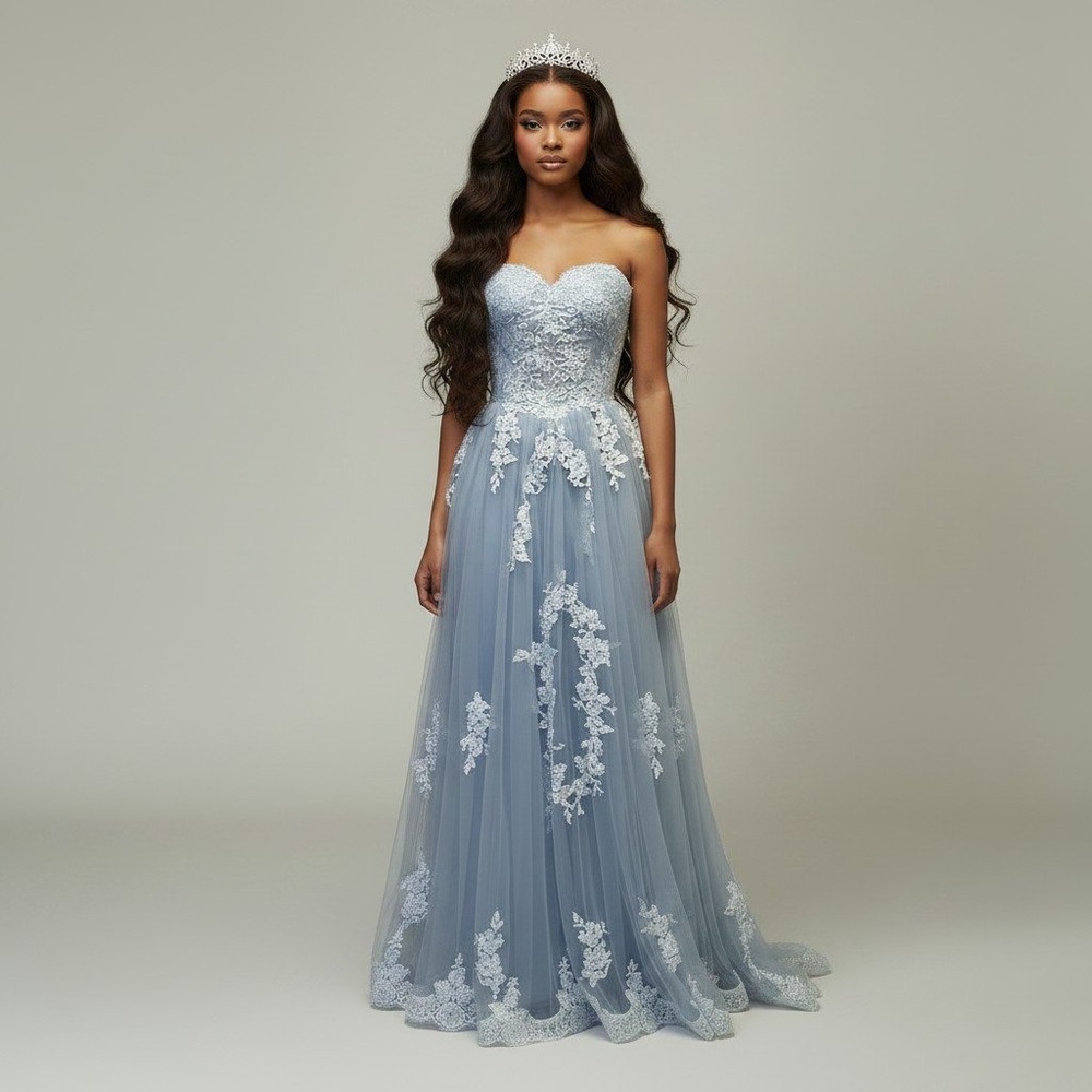 Blue Lace Strapless Quinceanera Prom Dress Corset Ball Gown Size XS-S